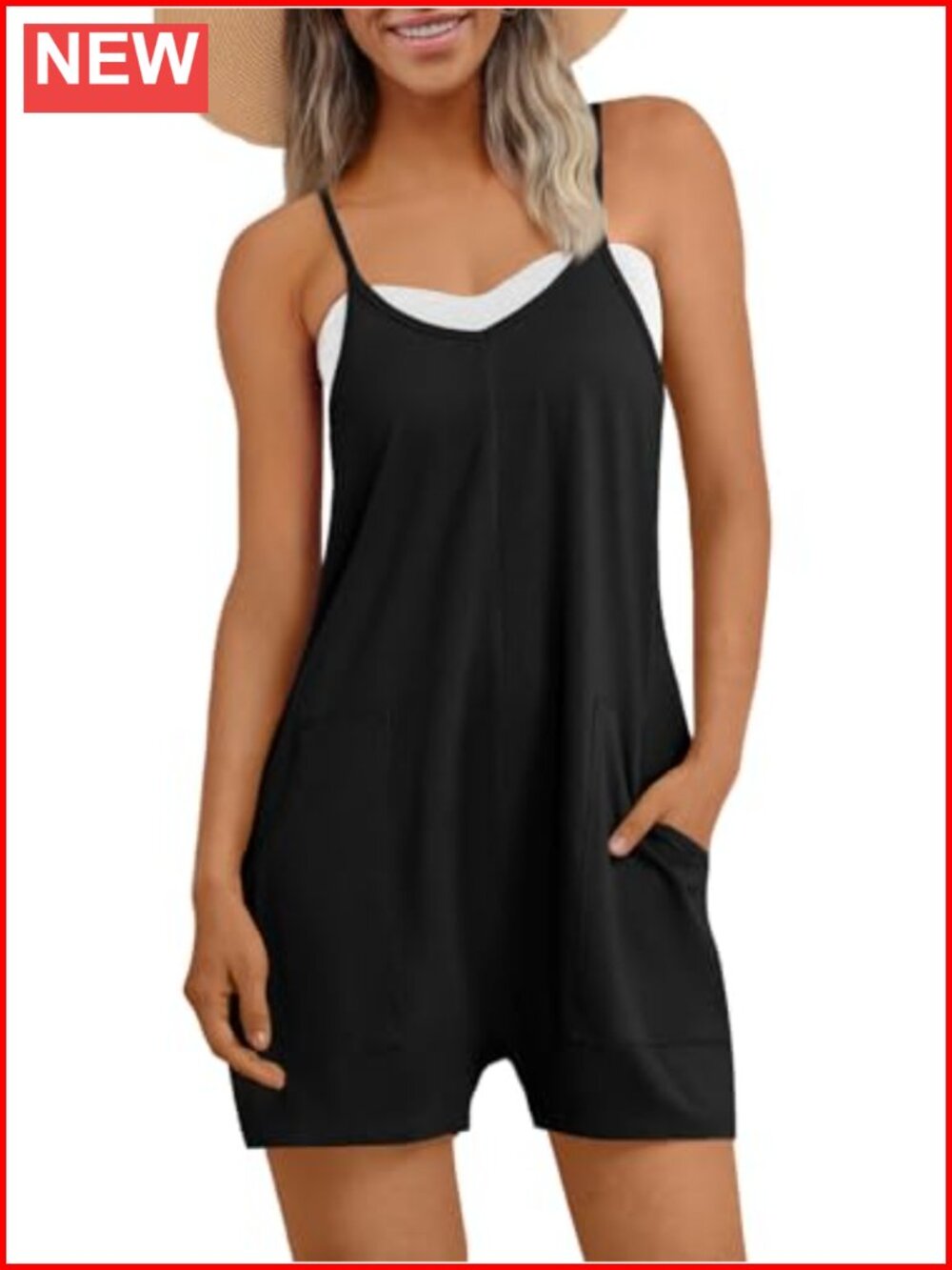 Spaghetti Strap V-Neck Loose Fit Romper with Pockets Summer Beach